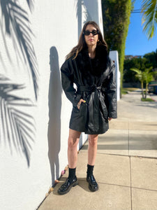 Vintage Black Leather Trench with Fur Trim