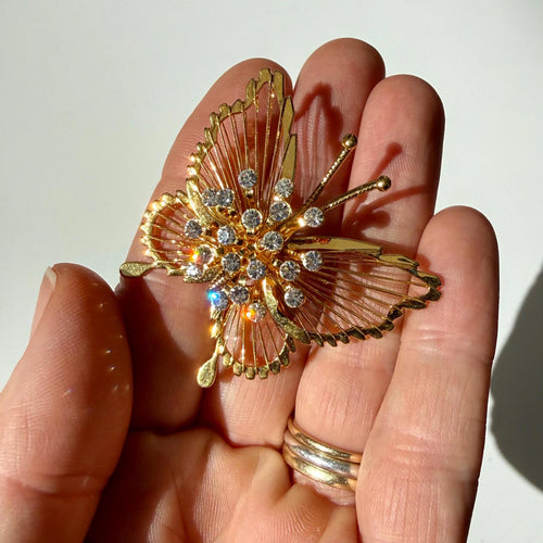 Signed Monet Butterfly Brooch | Gold Tone Rhinestone | Vintage Gift