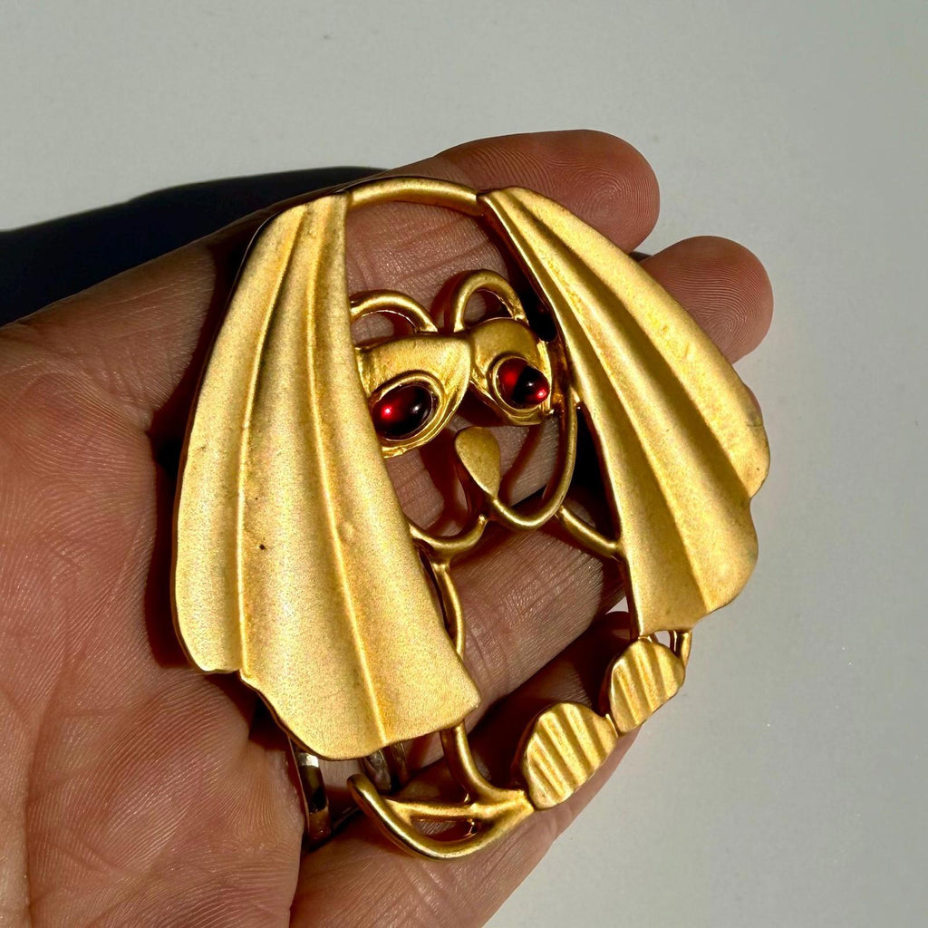Vtg Dog Brooch Large | Gold Tone Puppy Pin | Art Deco Style Statement Jewelry