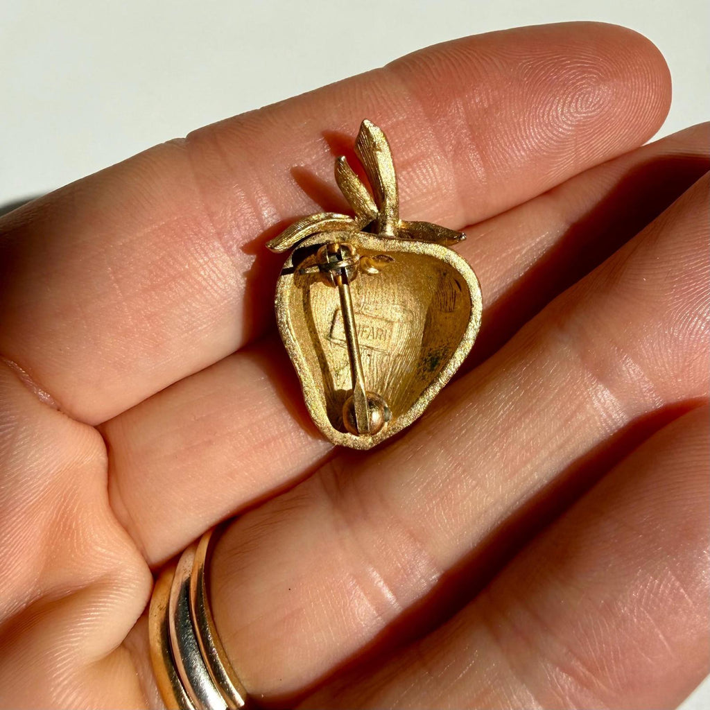 Vintage Trifari Strawberry Brooch | Gold Tone Small Pin