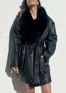 Vintage Black Leather Trench with Fur Trim