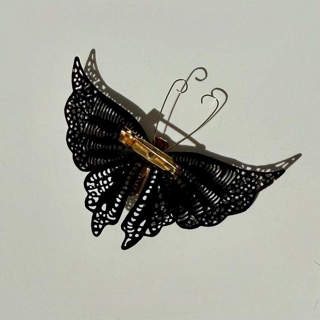 Vintage Black Butterfly Brooch | Gold Tone with Filigree Wings | Vintage Gift