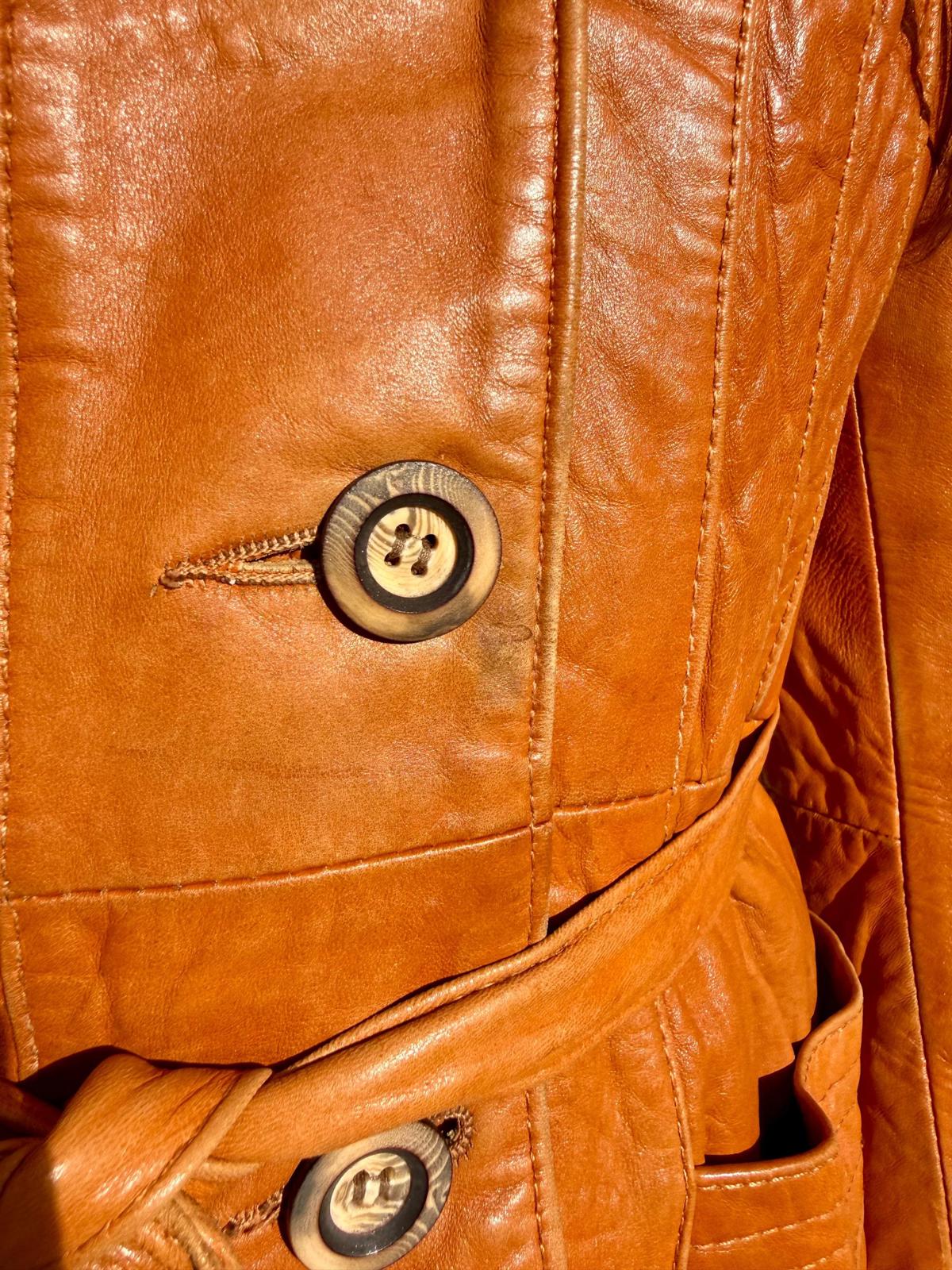 Vintage 70s Brown Leather Jacket | Belted Fitted Coat | Size XS