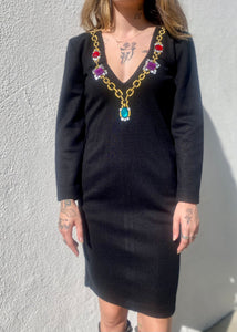 Vintage 90s Black Dress with Faux Gemstones