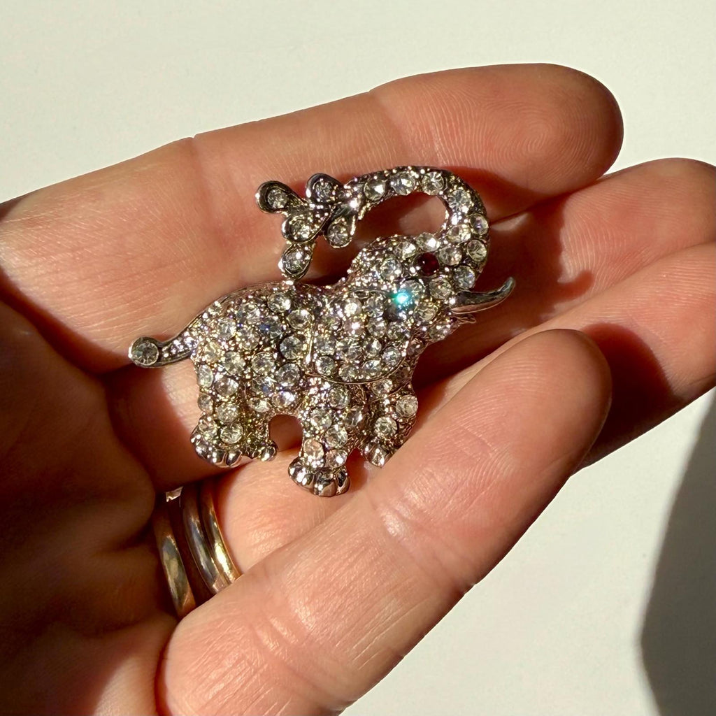 Silver Tone Elephant Brooch | Vintage Rhinestone Lucky Pin