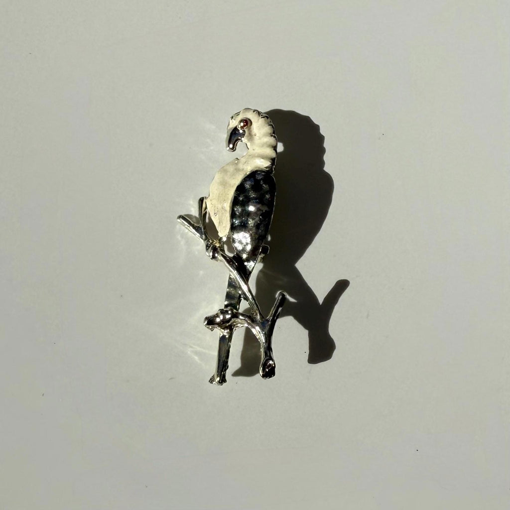 White Parrot Brooch | Vintage Silver Tone Bird Pin | Gift