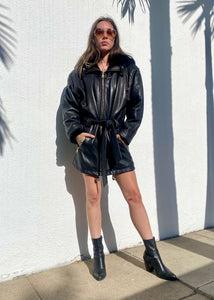 Vintage Black Leather Parka with Hood