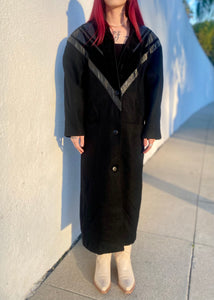 Vintage Long Black Wool and Leather Coat