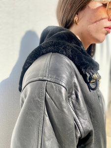 Vintage Black Leather Parka with Hood