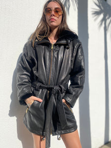 Vintage Black Leather Parka with Hood