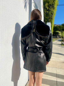 Vintage Black Leather Parka with Hood