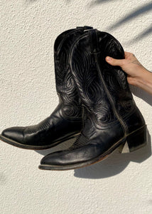 Vintage Mens Cowboy Black Boots, Size 9