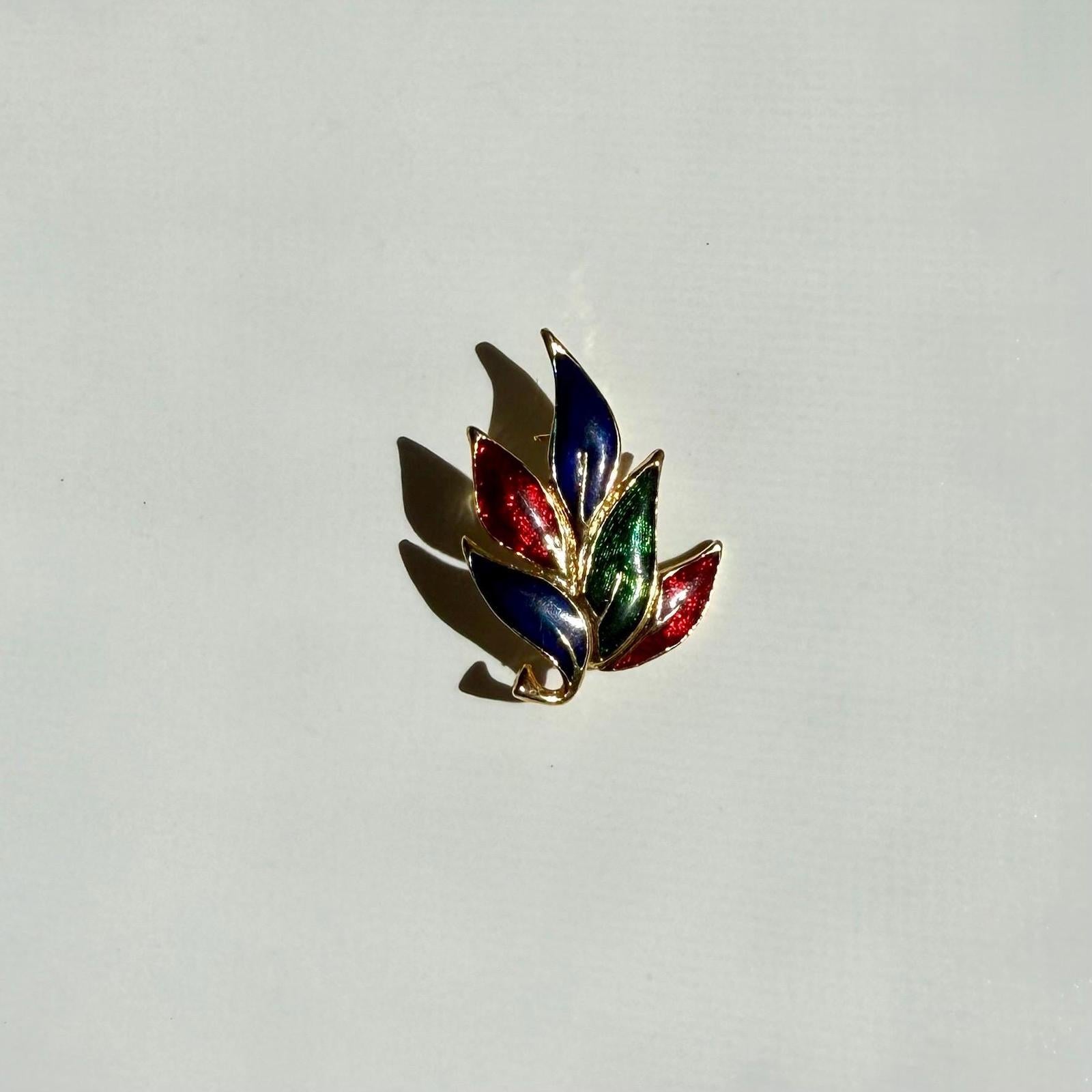 Vintage Leaf Brooch | Multicolor Enamel Gold Tone Pin
