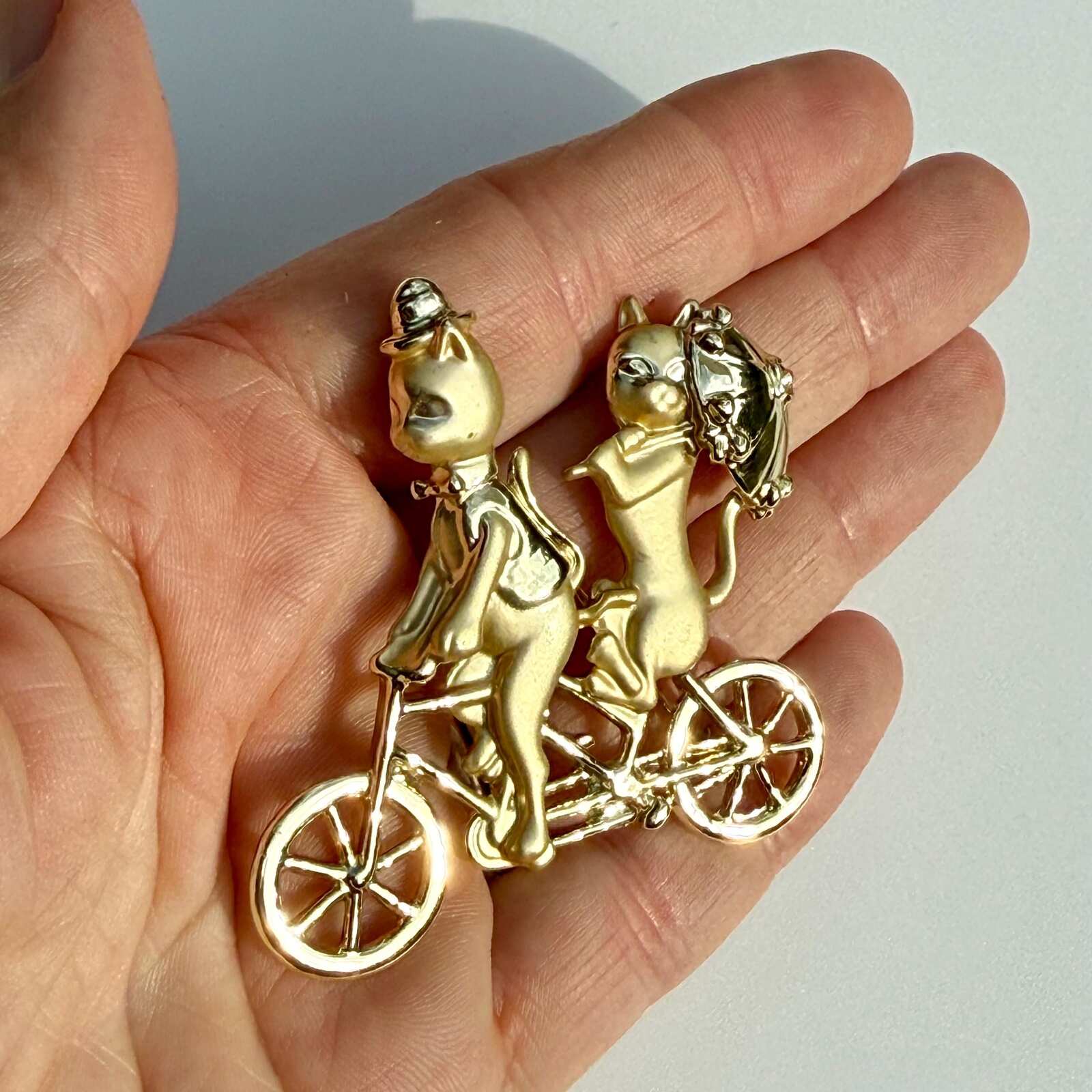 Vintage Brooch Cats Riding Bicycle