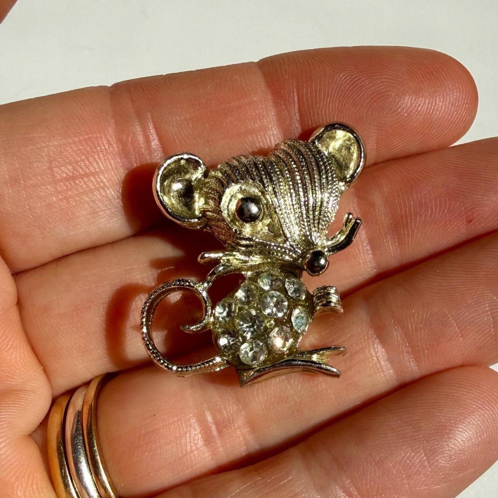 Vintage Mouse Brooch | Rhinestone Figural Pin | Cute Animal Jewelry
