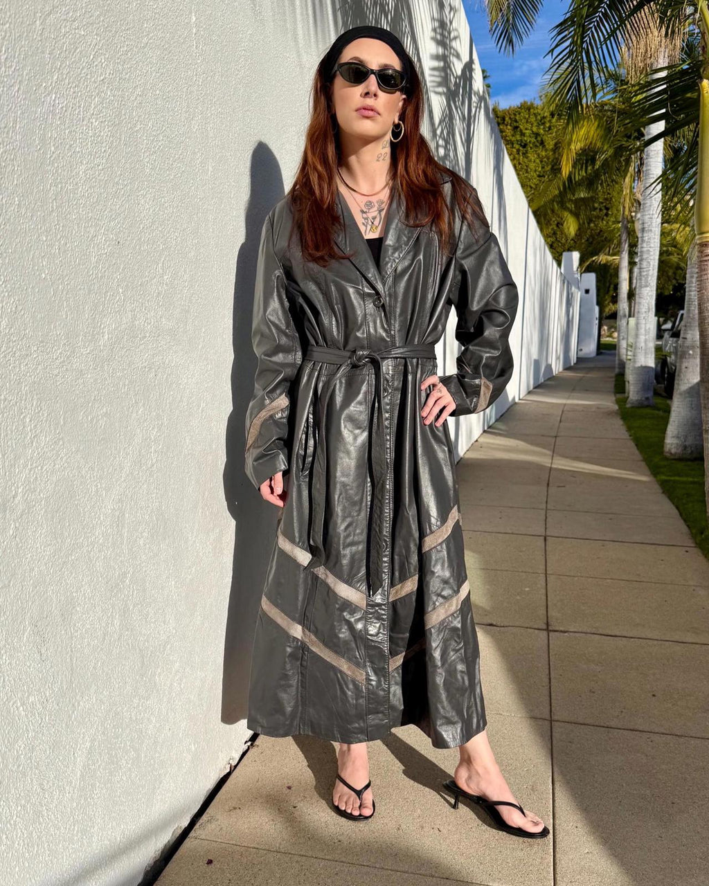 VTG 70s Gray Leather Trench Coat Size XL