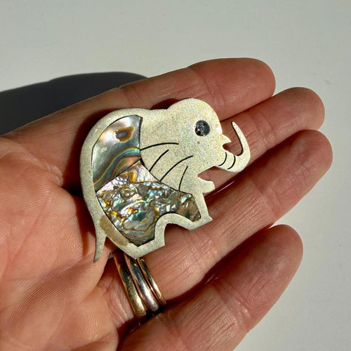 Silver Elephant Brooch | Abalone Inlay Pin | Vintage Artisan Jewelry