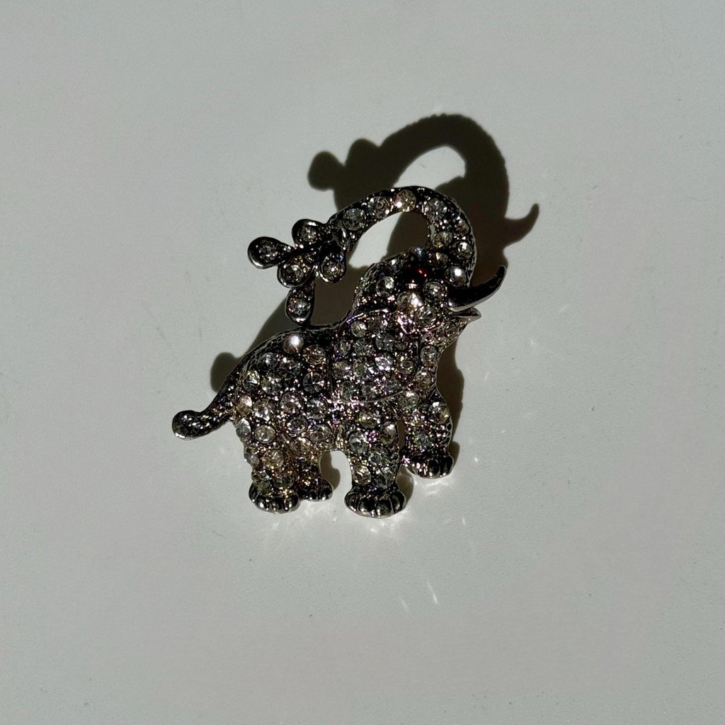 Silver Tone Elephant Brooch | Vintage Rhinestone Lucky Pin