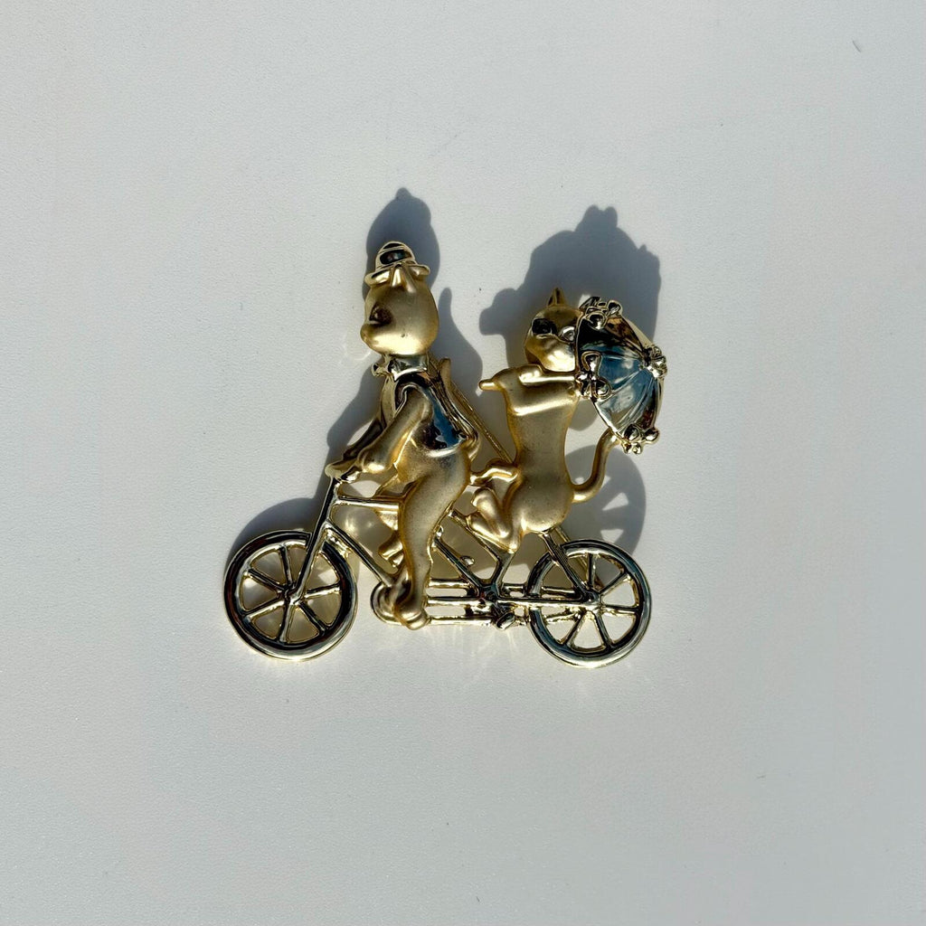 Vintage Brooch Cats Riding Bicycle