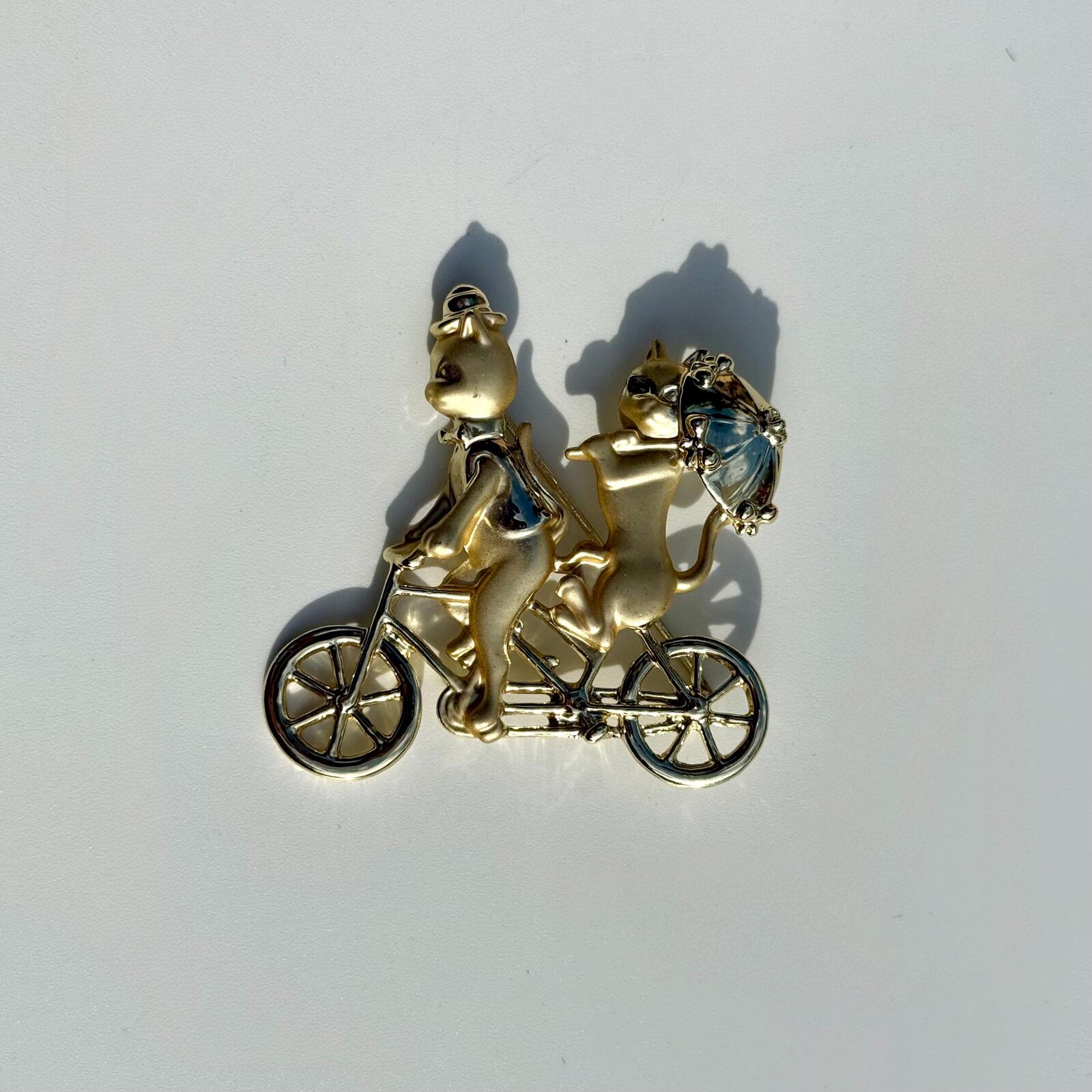 Vintage Brooch Cats Riding Bicycle