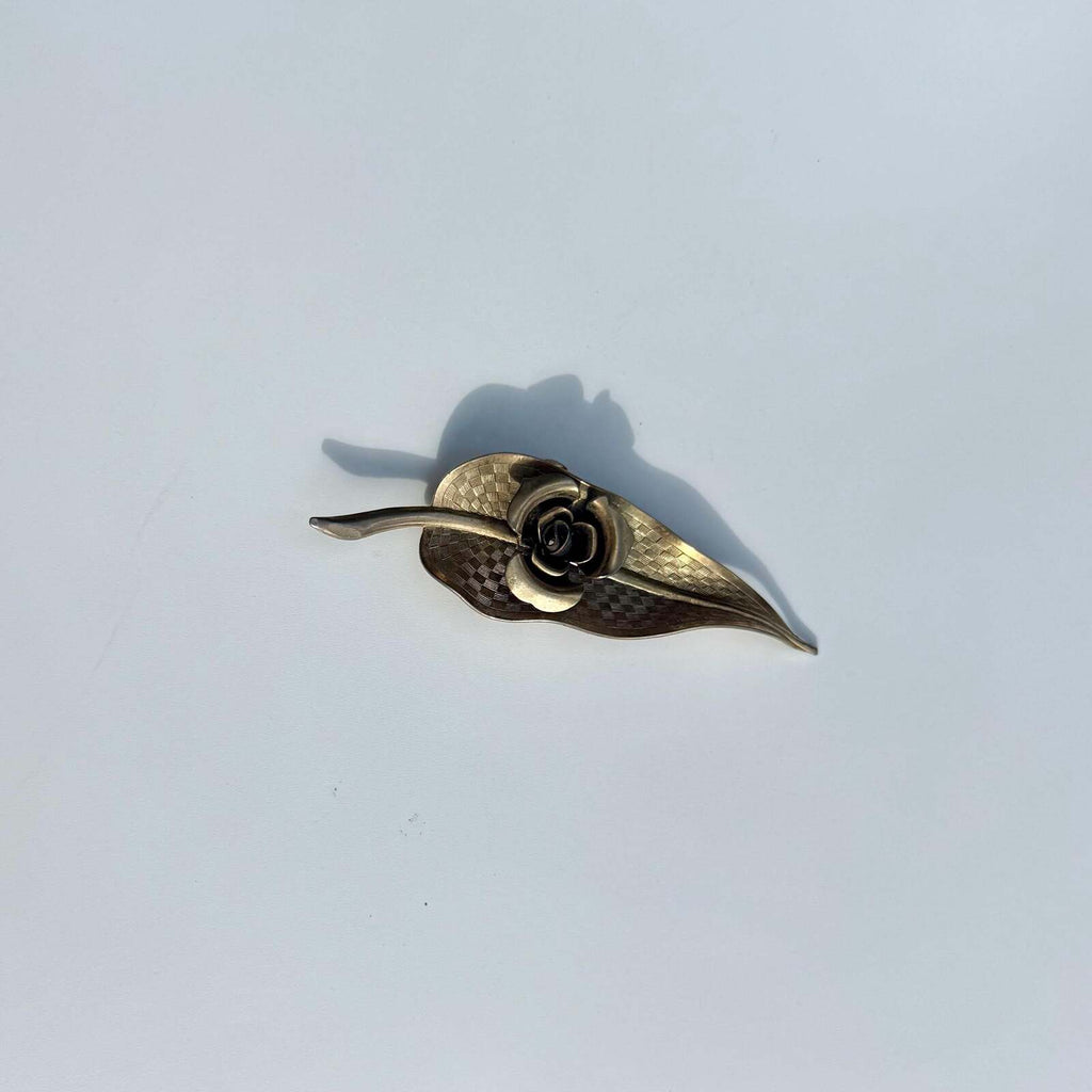 Vintage Leaf Brooch with Rose | Gold Tone Pin