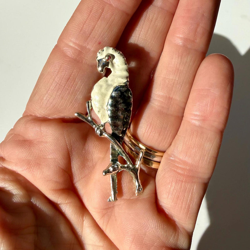 White Parrot Brooch | Vintage Silver Tone Bird Pin | Gift