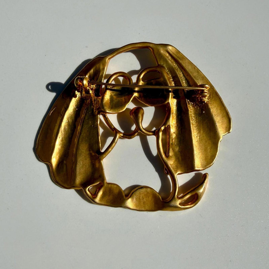 Vtg Dog Brooch Large | Gold Tone Puppy Pin | Art Deco Style Statement Jewelry