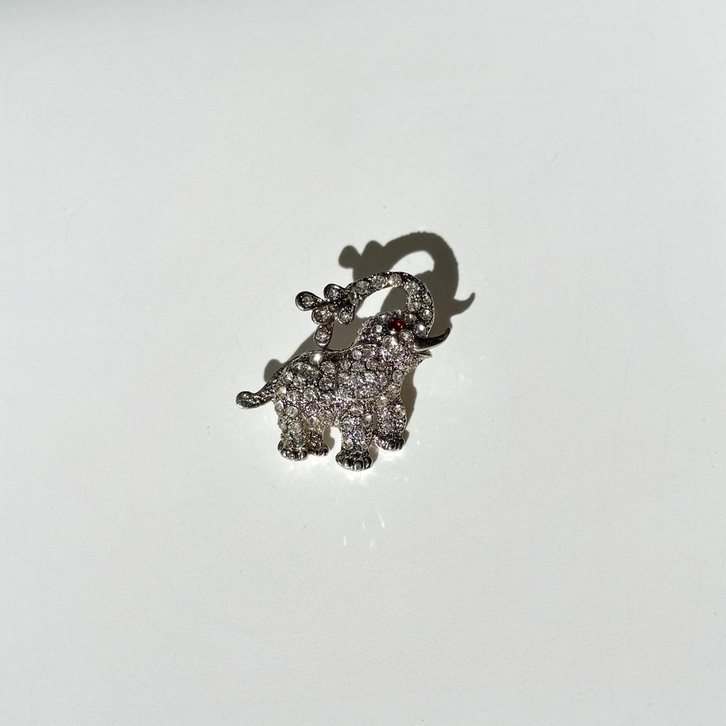 Silver Tone Elephant Brooch | Vintage Rhinestone Lucky Pin