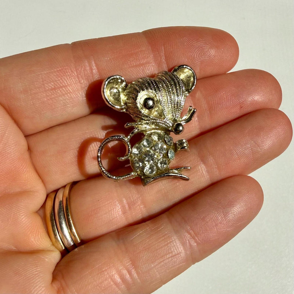 Vintage Mouse Brooch | Rhinestone Figural Pin | Cute Animal Jewelry