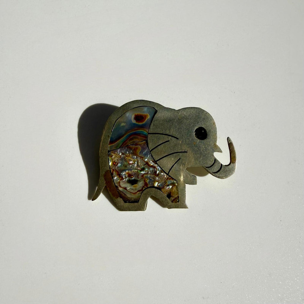 Silver Elephant Brooch | Abalone Inlay Pin | Vintage Artisan Jewelry