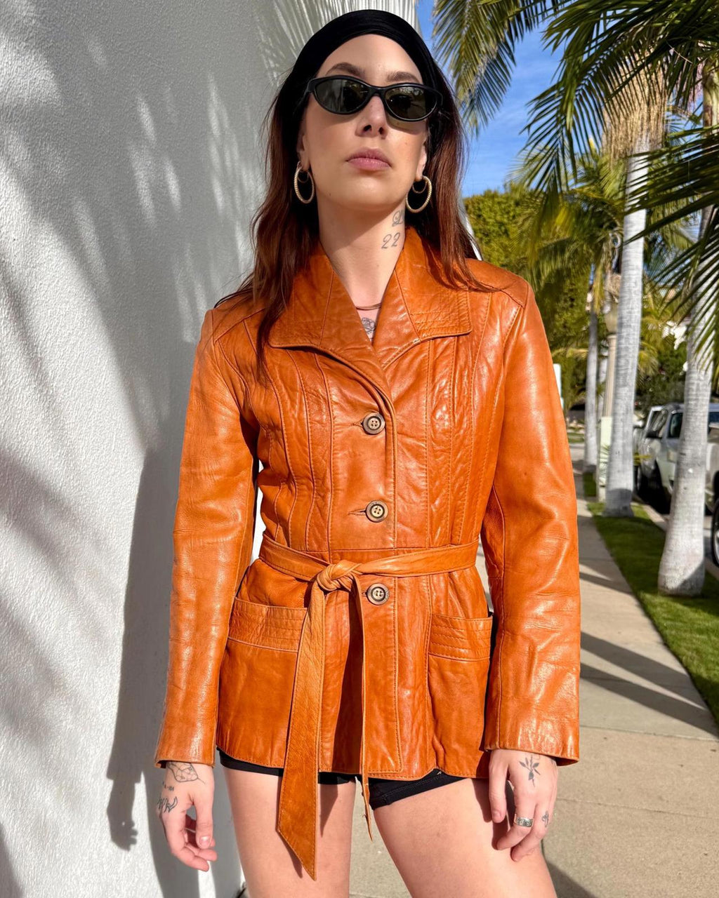 Vintage 70s Brown Leather Jacket | Belted Fitted Coat | Size XS