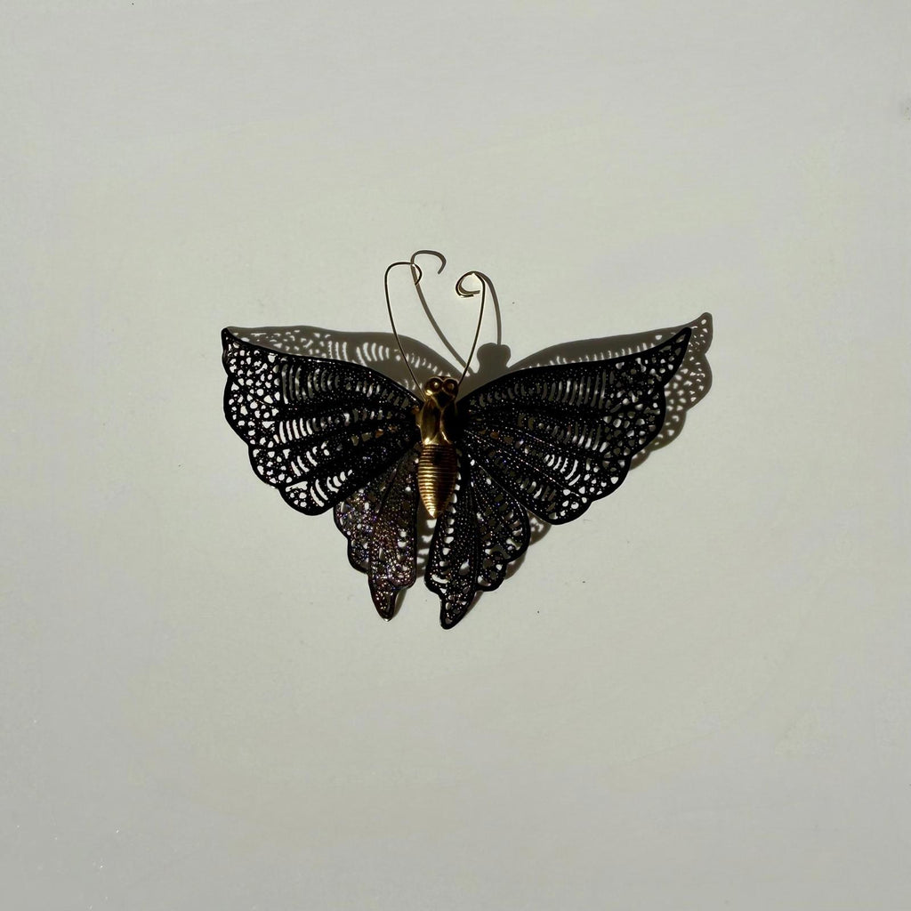 Vintage Black Butterfly Brooch | Gold Tone with Filigree Wings | Vintage Gift