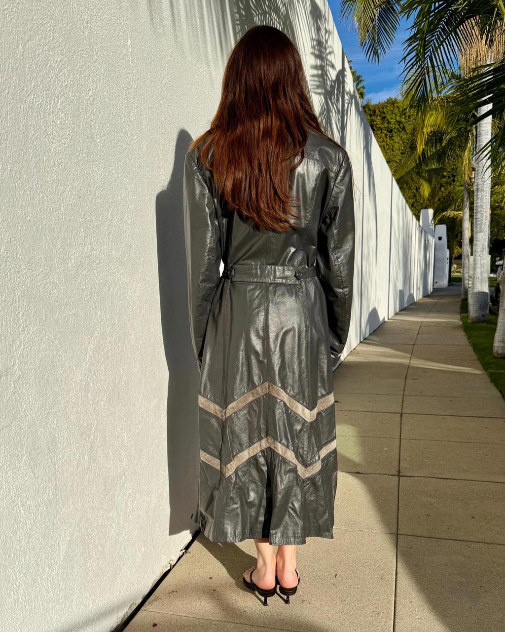 VTG 70s Gray Leather Trench Coat Size XL