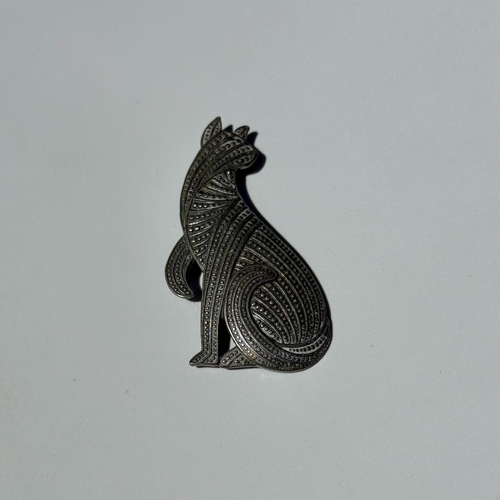 Vintage Cat Brooch | Large Silver Tone Kitten Pin