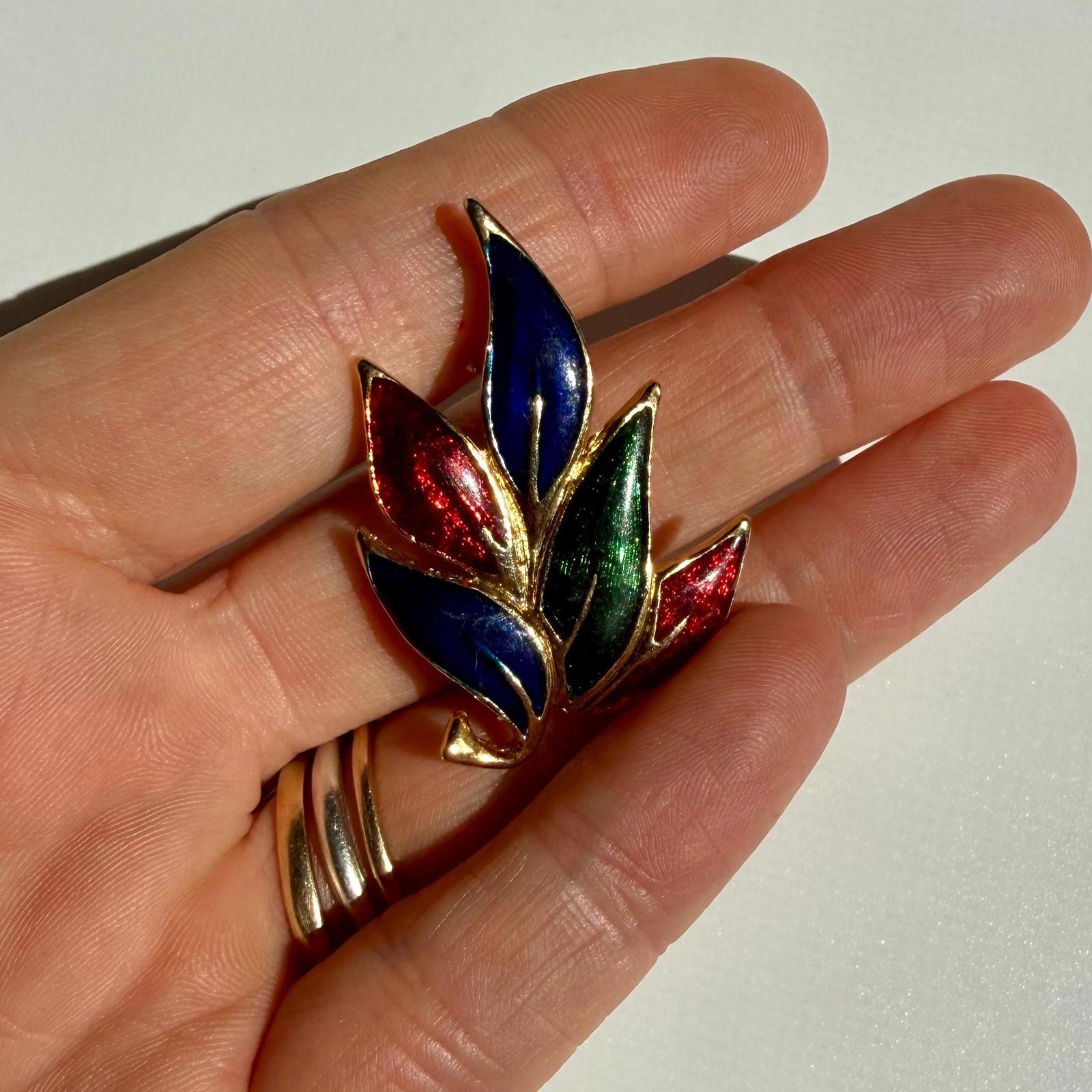 Vintage Leaf Brooch | Multicolor Enamel Gold Tone Pin