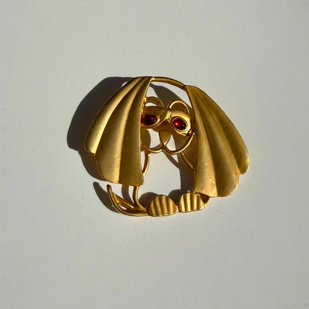 Vtg Dog Brooch Large | Gold Tone Puppy Pin | Art Deco Style Statement Jewelry