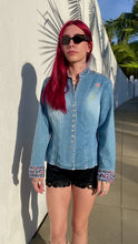 Load and play video in Gallery viewer, Vintage Denim Jacket with Embroidered Horse on Back
